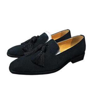 Herringbone Wool Tassels Loafer with Leather Sole - Black