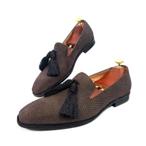 Herringbone Wool Tassels Loafer with Leather Sole - Brown